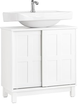 Mueble de baño para debajo del fregadero, armario de almacenamiento blanco con 2 puertas correderas, diseño que ahorra espacio, 60 x 30 x 61 cm, ideal para baños pequeños BZR142W