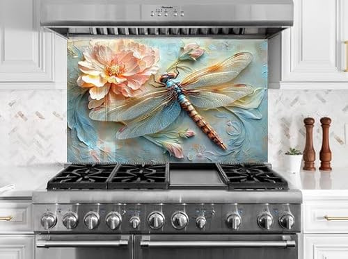 Myphotostation Crédence en verre trempé pour cuisinière Motif libellule florale 60 x 60 cm