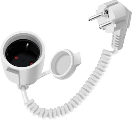 HuaLiSiJi Prolunga Estensibile a Spirale 16A 250V Cavo di Prolunga Schuko Spina con Contatto di Protezione IP44 da 0.6m a 1.5m Max per Esterno o Interno, Casa, Ufficio (Bianco, 1.5 m)
