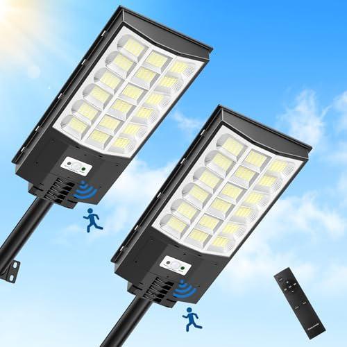 Bellanny 2Pack 600W Solaire Exterieur Lampadaire 360LED Lampe Solaire Exterieur avec Capteur de Mouvement 6500K Projecteur Solaire Exterieur avec TéLéCommande IP65 Impermable Pour Garage Rue