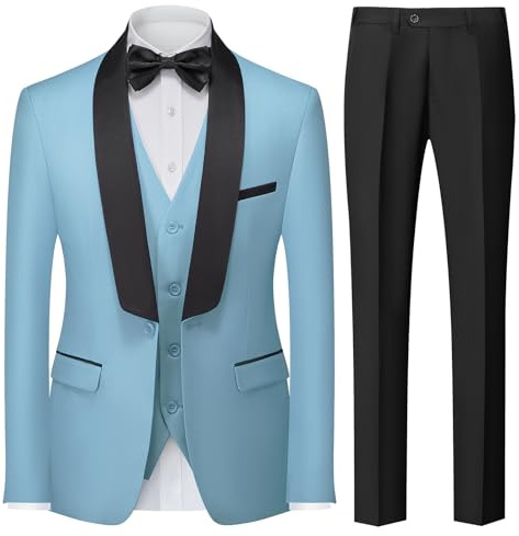 KUDORO Men Suits 3 Piece Slim Fit Suit Casual Business Formal Dinner Tuxedo Suit for Men Classic Blazer Waistcoat Trousers Set Sky Blue