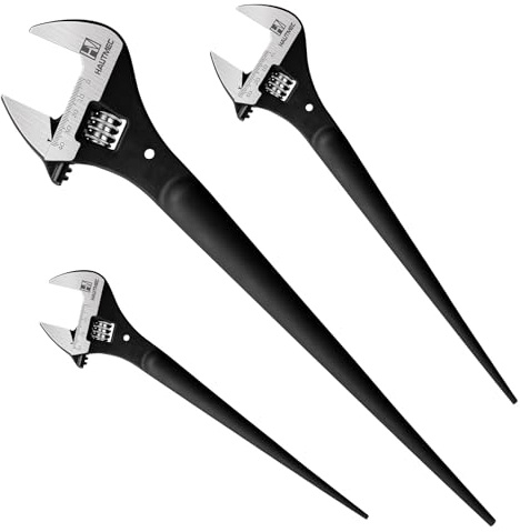 HAUTMEC 3 PCS Adjustable Spud Wrench Set, 10&12&16 Adjustable Spud Spanner Set with Tail Pry Bar Features, Black Oxide Finish, Forged CR-V Steel Metric & SAE Scales with Tether Hole HTASM25019
