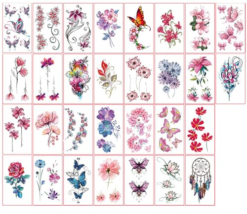 30pcs Large 3D Watercolor Temporary Tattoos for Women Girls, Colorful Flowers Butterfly Realistic Long-lasting Fake Tattoo Stickers, Waterproof Tattoos for Women Adult Body Art