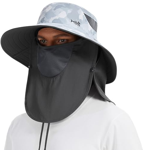 Bassdash Sonnenhut Fischerhut UPF 50+ Breiter Krempe Wanderhut mit abnehmbarem Gesichtsschutz und Nackenklappe Atmungsaktiver Unisex Wasserfester Angelnhut für Damen Herren