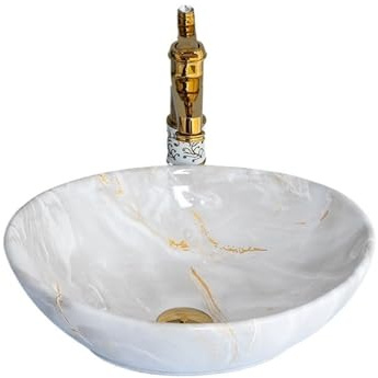 PUFAHAU Lavabo De Salle De Bain Petits Lavabos De Salle De Bain Vasque À Poser en Céramique Imitation Marbre De Haute Qualité Lavabo De Toilette avec Accessoires Meuble-Lavabo