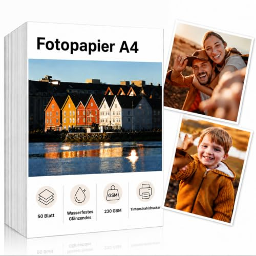 Hopton 50 Blatt Fotopapier A4, Hochglänzend Photo Paper 230 g/m² | Für Tintenstrahldrucker,Wasserfest,Sofort Trocknend,ideal Für Haushalt,Büro,Fotodruck,Bildpräsentation,Fotoalben,Bilderrahmen