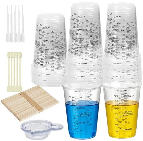 Epoxy Resin Mixing Cups, 50 Pcs Measuring Cups for Resin, 240ml/8oz Plastic Measuring Cup with Wooden Stirring Sticks and Paint Mixing Cup & Pipette for Liquids Mixings Resins Paint Pigment