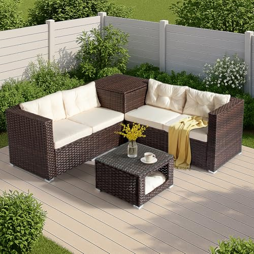 Bonnlo 4 Seater Rattan Garden Furniture Sets with Storage Box, Glass Top Coffee Table with Cat Bed, Modular Patio Furniture Set for Garden Patio (Brown Rattan+Beige Cushion)