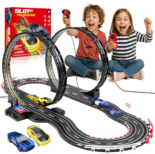 JONRRYIN Piste De Course Voiture Electrique, 2 Voitures, 2 TéLéCommandes, 2 Boucles De 360°, Compteur De Tours, Circuit Voiture Enfant Piste De Course Enfants 6+ Ans (1:64)