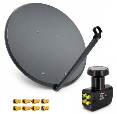 PremiumX Satelliten-Komplettanlage 100cm Satellitenschüssel Aluminium Anthrazit Antenne Quad LNB 8X F-Stecker, SAT bis 4 Teilnehmer