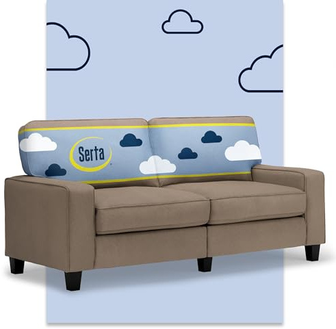 Serta Palisades 73 Track Arm Sofa, Easy Care Polyester, Soft Pillow Back, Pocket Coil Seat Cushions, Removable Covers, Loveseat or Couch for Small Spaces, Living Rooms or Bedrooms, Tan