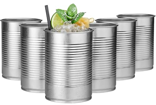 bar@drinkstuff Tin Can Cocktail Cups Pack of 6, 425ml / 15oz Silver Tin Drink Cups, Novelty Can Style Cocktail Tumblers for Mojitos Moscow Mule Mint Julep Tiki Drinks, Hand Wash Only