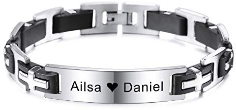 MeMeDIY Personalisierte Armband Cuban Link Benutzerdefinierte Geschenke Handgelenk Band Identifikation ID Tag Gravur Armbänder für Männer Jungen Edelstahl Gummi Kette Schmuck Silber Farbe