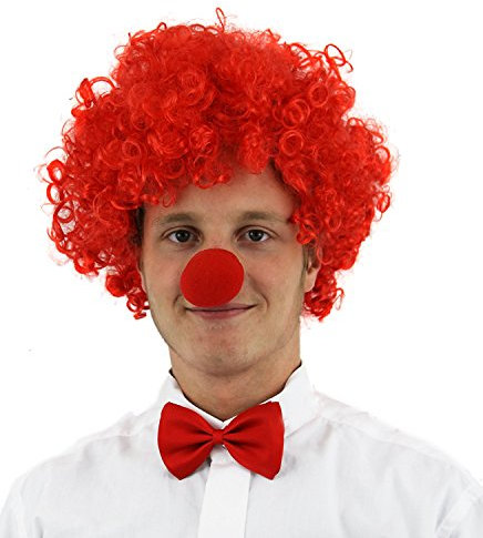 I LOVE FANCY DRESS Clown Set = ROTE Krause Afro PERÜCKE/ROTE Pailetten Fliege/ROTE Schaumstoff Nase