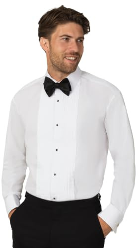 Dobell Mens White Dress Shirt Regular Fit 100% Cotton Standard Collar Pleated Stud Button Front Double Cuff