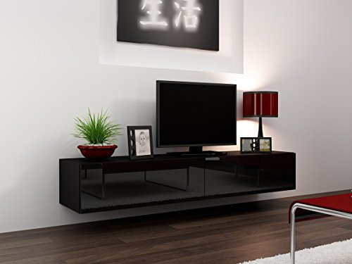 Furniture24 Tv Schrank Vigo 180 cm Länge, Hängeschrank, Wandschrank, Fernsehentisch mit 2 Klapptüren, Lowboard, Grifflose Öffnen, Push to Open (Schwarz/Schwarz Hochglanz)