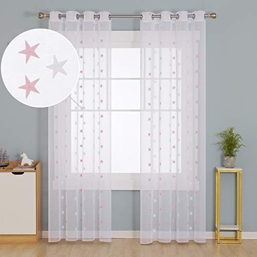 Deconovo Gardinen Leinenoptik Transparent Ösenvorhang Transparent Vorhangschals mit Stickerei Stern, 240x140 cm(HöhexBreite), Rosa, 2er Set