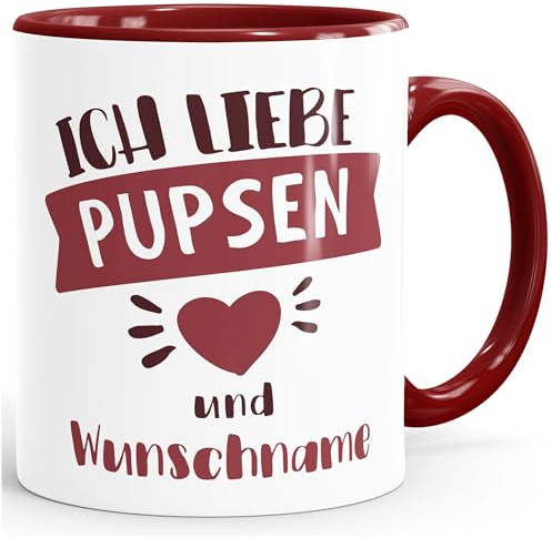 MoonWorks® Kaffee-Tasse lustiger Spruch Ich liebe pupsen personalisierbares Motiv Wunschname Geschenk witzige Liebeserklärung Bordeauxrot Keramik-Tasse