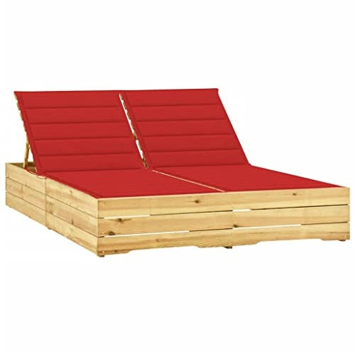 Doppel-Sonnenliege,Holz Sonnenliege,Liegestuhl,Relaxliege,Verstellbare Rückenlehne,für Draußen,Terrassen,Veranden,Hinterhöfe,Balkone,Pools,mit Roten Auflagen Kiefer Imprägniert(Leicht Zusammenzubauen)