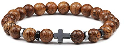 GFYWZ Natural Lava Stone Bead Obsidian Bracelets Cross Rosary Meditation Prayer Jesus Turquoise Bracelet Women Yoga Jewelry,Wooden Beads,Adjustable