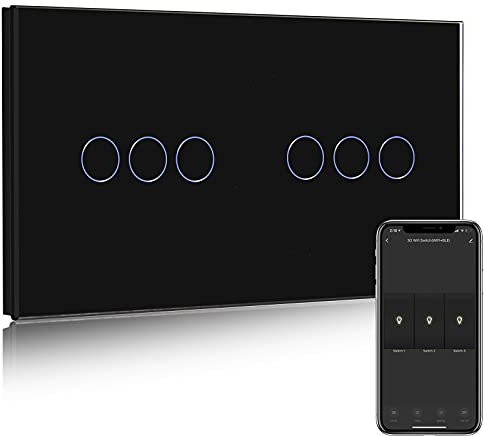 BSEED Interruptor de Pared WIFI,Interruptor Inteligente 3 Gang 1 Via +3 Gang 1 Via,Compatible con Alexa,Google Home,Control de APP y Función de Temporizador,Pantalla Táctil Nergo【Se necesita Neutro】