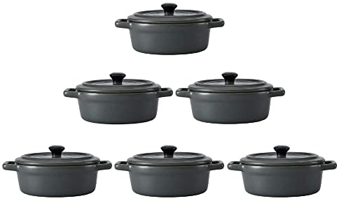 Lot de 6 Mini Cocottes Ovales Grises Céramique Double Poignées Avec Couvercle 14cm x 6,3cm Contenance Moule 150ml Ramequin Résistant Haute Température Four Pour Petits Plats (Grises, Lot de 6)