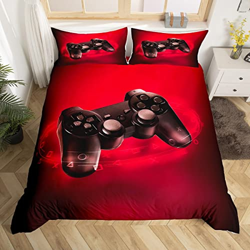 Tbrand Kids Gamepad Duvet Cover Double Size Modern Gamer Comforter Cover Retro Video Game Quilt Cover forKids Gaming Bedding Set for Living Room Decorative, Black Red