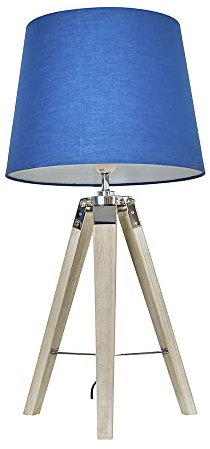 MiniSun | Distressed Wood and Silver Chrome Tripod Table Lamp with a Navy Blue Light Shade | Table Lamps, Home Décor & Improvement Essential | Includes Bulb [3000K Warm White]