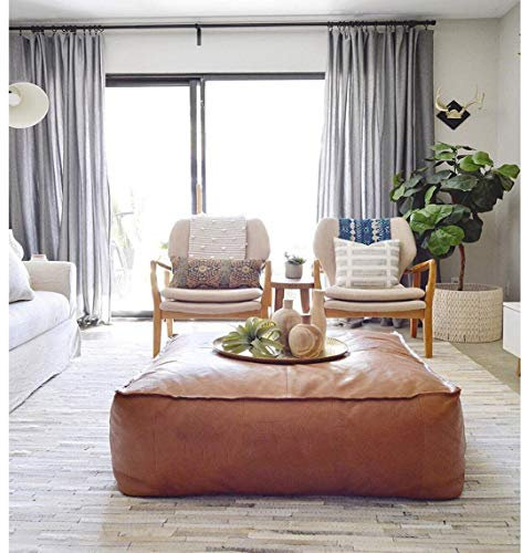 Großer quadratischer Leder-Pouf – handgefertigtes natürliches Rindsleder, marokkanischer Stil, Wohnzimmer-Ottomane (nur Bezug, 30 x 30 x 16 cm)
