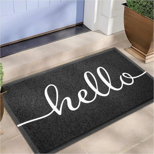 EARTHALL Door Mat Outdoor Indoor Hello Doormat, 30x17.5, Durable Floor Mat Non Slip Rug Ultra Absorb Mud Easy Clean Front Doormat for Garage, Entryway, Patio, High Traffic Areas, Black