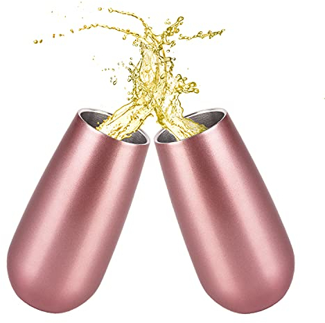Joymaking Champagne Flute 6oz, 2pcs Rose Gold Stainless Steel Wine Tumbler with Lids, Double Wall Vacuum Picnic Wine Glasses Cocktail Champagne Toasting Glasses for Party, Picnic, Camping Gift