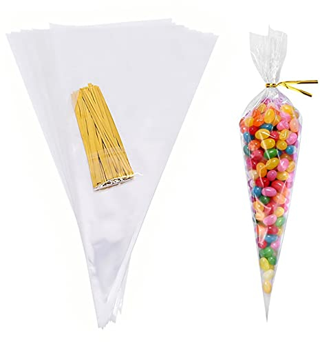 100 Stück Cone Tüte Süssigkeitentüten YUTOU Süßigkeiten Tüten mit 100 Gold Twist Band, Transparent OPP Geschenktüten, Bonbons Tüten für Schokolade Bonbons Partei Geschenk Verpackung, 13 * 25CM
