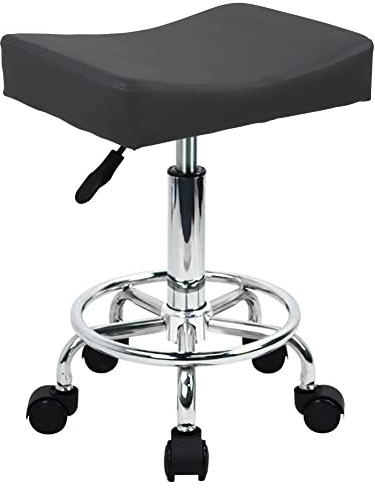 WKWKER PU Leder Quadratischer Bürohocker Mit Fußstütze Drehbare Höhenverstellung Spa-Stuhl Drafting Salon Tattoo Arbeit Büro Küchenhocker (Grau)