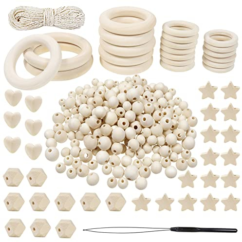 TOAOB 356 Stück Holzperlen zum Auffädeln Holzperlen Makramee Zubehör Set Natürliche Holzperlen Holzringe zum Basteln Holzkugeln mit Loch Kits für DIY Schmuck Herstellung