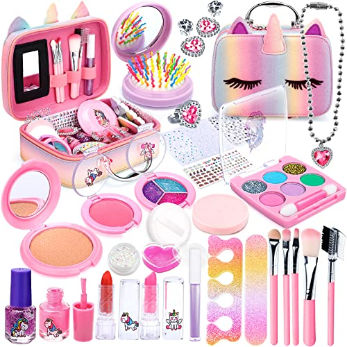 BEYAOBN Kinderschminke Set Mädchen, 31PCS Abwaschbar Real Kinder Kosmetik Set mit Schminkkoffer Mädchen Spielzeug, Rollenspiel Spielzeug Geschenk für Mädchen Kleine Kinder Prinzessin