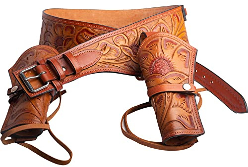 Hulara-Western-Pistolenholster. 45 Auto. 45 AKP. 44/45 Kaliber Cowboy Holster für Revolver Vollnarbenleder Pistolenholster mit Gürtel für Männer Kakaobraun doppelseitig S2