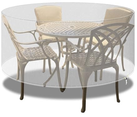 PATIO PLUS Möbelabdeckungen rund, Terrassentischabdeckung wasserdicht, winddicht, Anti-UV, runde Gartenmöbelabdeckungen für Terrassentisch und Stühle - Extra groß 190x80cm Transparent
