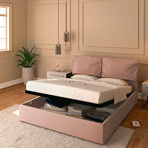 Baldiflex Letto Matrimoniale con Contenitore Modello Licia Soft in Tessuto, Rete a Doghe, per Materassi Singoli 160x190 cm, Testiera Finemente Imbottita, Colore Rosa Antico