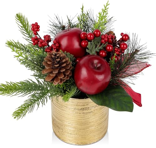 Mini-Weihnachtsbaum, künstlicher Topf-Weihnachtsbaum mit Äpfeln, Tannenzapfen, Beeren, Band, Tischplatte, kleine Weihnachtsblumenarrangements im Topf, Weihnachtsaufsätze für Tische, Schreibtisch,