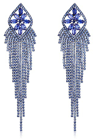 EVER FAITH Quaste Ohrringe Fransen baumeln Sparkle Marquise Strass Kristall lange baumelnden Kronleuchter Statement für Damen Mädchen Blau Schwarz-Ton