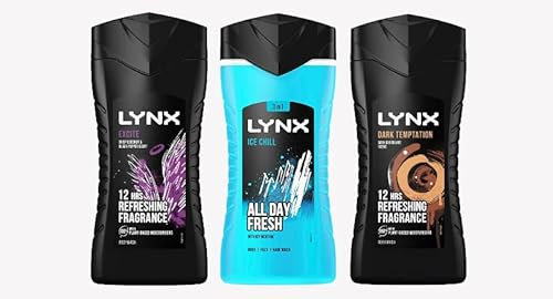 Lynx Shower Gel 3 Pack Refreshing Fragranced Body Wash. Excite 12H, Dark Temptation 12H, Ice Chill 24H Bundle