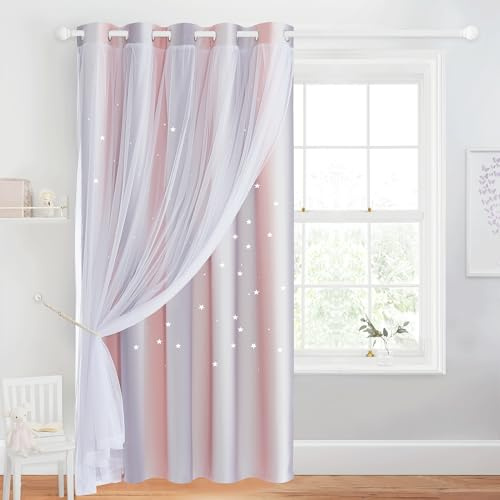 NICETOWN Verdunkelungsvorhänge für Kinder, Mädchen, Schlafzimmer, Wohnzimmer, verdunkelnde Streifen, doppellagig, Sternausschnitt, Wanddekoration, Farbverlauf, Ösen, Fenstervorhänge, 52 x 63 cm, Rosa