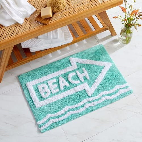 Market & Place Strand-Badteppich, niedliche Badezimmermatte, lustige Badezimmer-Dekoration für Badewanne und Dusche, Baumwolle, getuftet, saugfähig, 50,8 x 76,2 cm, Aqua und Weiß
