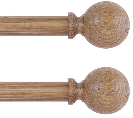 HTZON Gardinenstangen aus Holz für Fenster, 168 bis 305 cm, 2,5 cm Holzmaserung, Kugel, verstellbare Gardinenstange, Boho-Vorhangstangen, rustikale Gardinenstangen, braun, 167,6–304,8 cm, 2 Stück