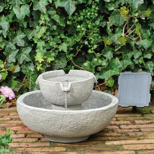 LED Solar Brunnen Gartenbrunnen mit LED Beleuchtung Springbrunnen Zierbrunnen aus GRC Beton für AußenD: 43cm Wasserspiel Wasserfall