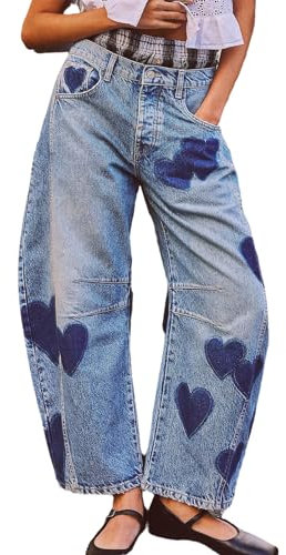 TACSTRUN Women's 90s Baggy Vintage Boyfriend Barre Jeans Trendy Heart Patch Work Casual Wide Leg Ankle Denim Pants,Blue,S