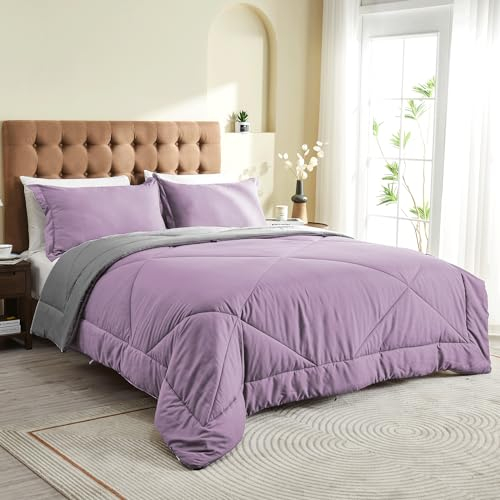 beeweed Bettdecke 240x220 cm Wende-Steppdecke, Sommerdecke 200 GSM Füllung, Mikrofaser Steppdecke, 240 x 220 cm Leichte Sommer-Bettdecke, Lila/Grau