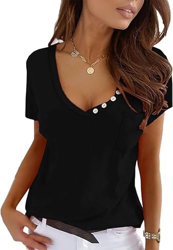 Imily Bela T-shirt à manches courtes pour femme - Col en V - Sexy - Haut d'été - Tunique décontractée