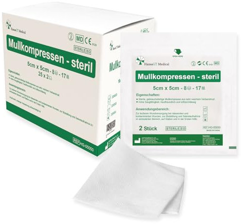 HansaGT Medical Kompressen Sterile 5x5cm 50 Stück Wundkompressen STERIL 8 Lagen Wundauflage Verbandsmaterial Mullkompressen Wundgaze Kompresse zur Wundversorgung Blutabsorbtion und Sekretaufnahme
