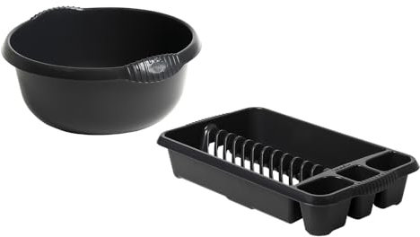 ( Set Of 2 ) 28cm Midnight Greyish High Grade Plastic Round Washing Up Bowl With Stylish Medium Dish Drainer Plate Rack Draining Board Tray Stand Sink Holder Organiser Kitchen Home And Restaurants